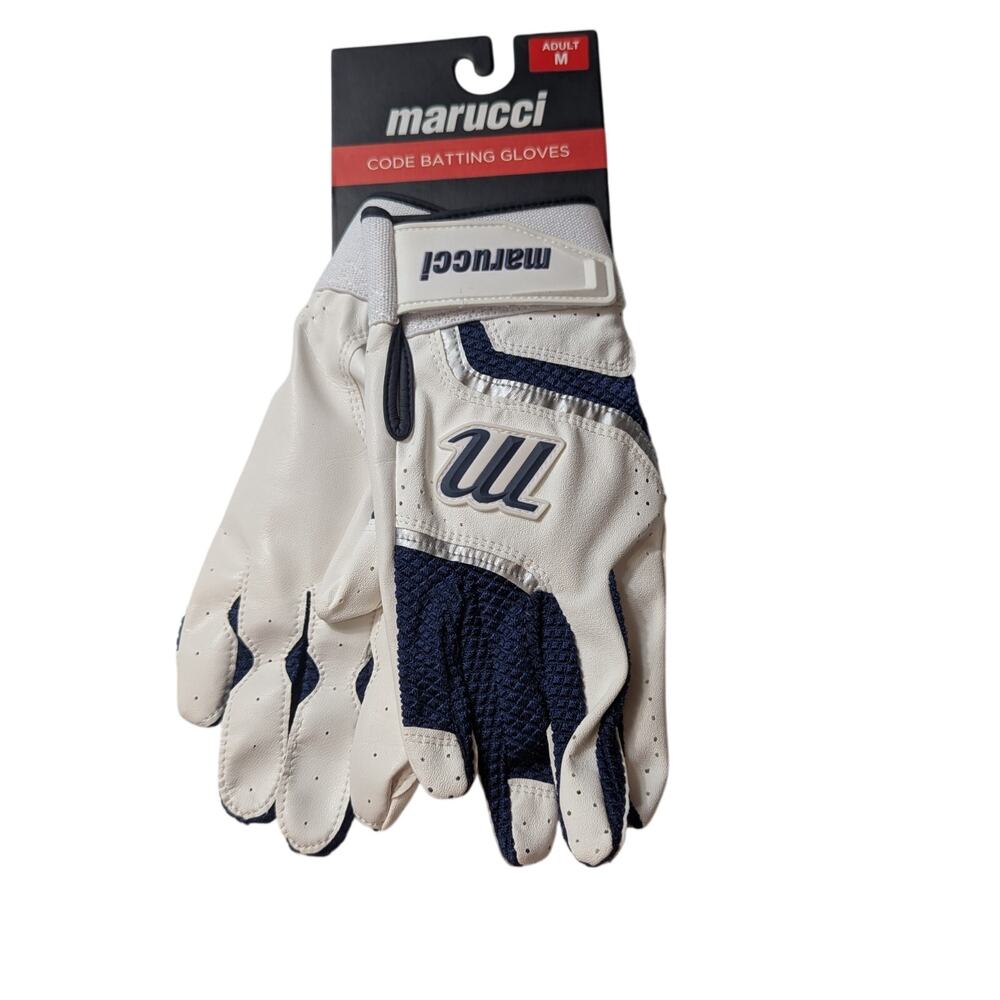 Marucci Code Adult Mens Size Medium Batting Gloves, Leather Palm- Navy/White